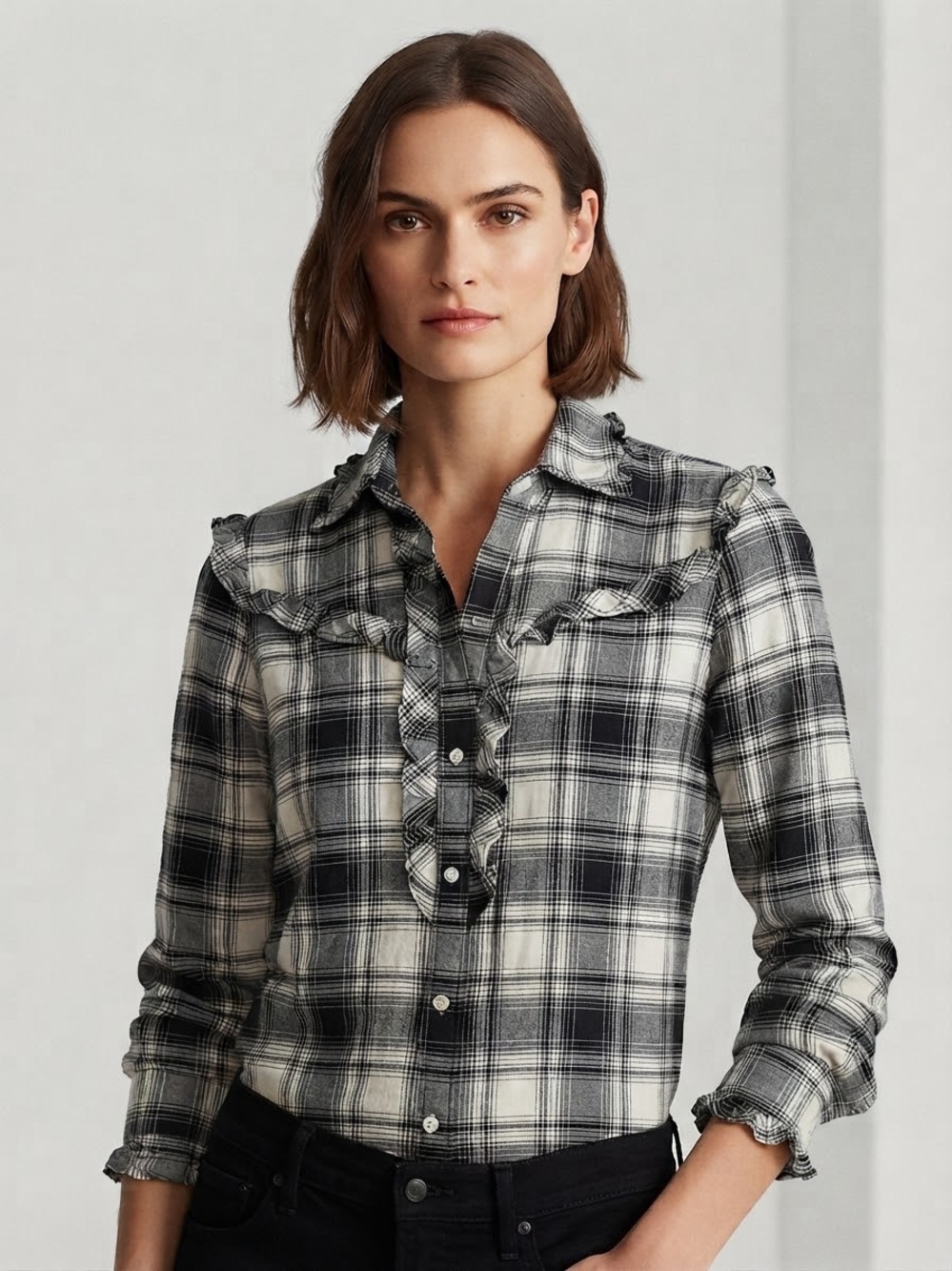Ralph Lauren Plaid Ruffle-Trim Button-Down Flannel Shirt in Black & White